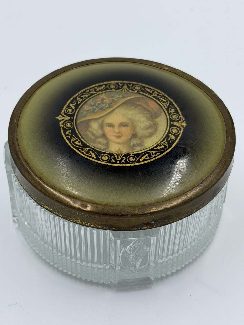 Vintage Glass Powder Jar with Lady Portrait Lid and Tulip Design Body